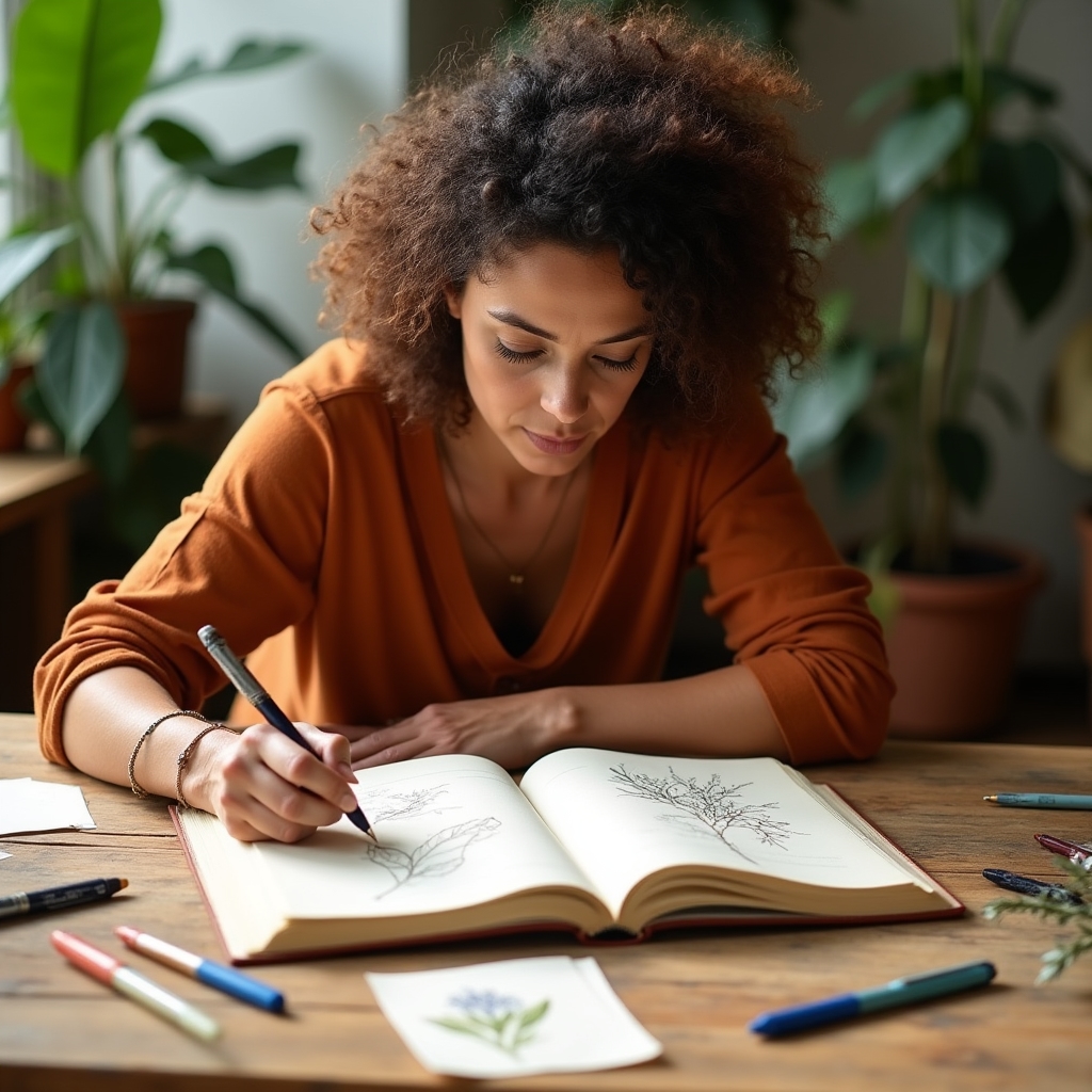 Person writing expressively in a large sketchbook-style journal with colorful pens, creative workspace with plants