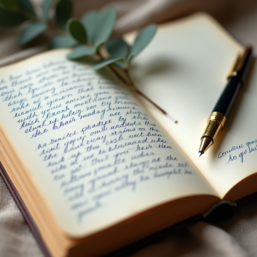 Close-up of an open gratitude journal with handwritten entries and a pen resting on the page