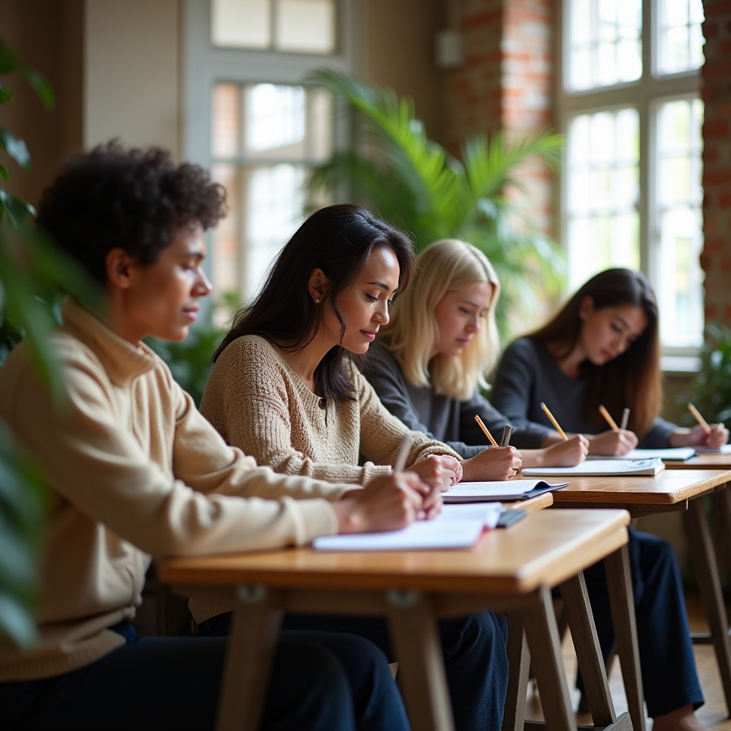Small group of adults engaged in a writing workshop, seated at individual desks with notebooks open