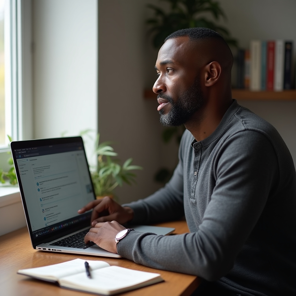 Person sitting at a desk with a laptop open to an online course and a physical journal beside it, warm home office setting